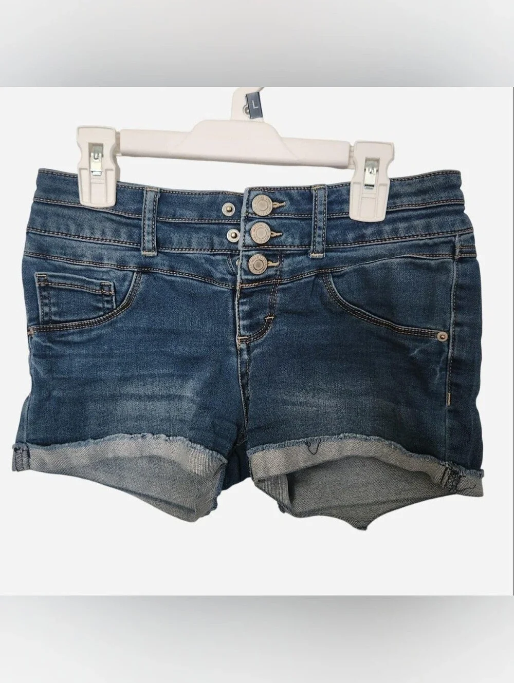 Medium Wash Triple Button Cuffed Denim Shorts